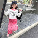 子供服 女の子 セットアップ おしゃれ カジュアル 春秋 ラウンドネック グラデーション レター 長袖 Tシャツ ピンク オーバー オール パンツ