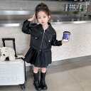 子供服 女の子 セットアップ かわいい おしゃれ 春秋 薄紫 モーターサイクルレザージャケット プリーツスカート ハーフ スカート 韓国