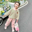 子供服 女の子 セットアップ かわいい おしゃれ 春秋 グリーンストライプ ポロ カラー トレーナー スウェットパンツ カジュアル