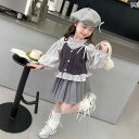 子供服 女の子 セットアップ かわいい おしゃれ 春秋 ニット ベスト 長袖 ベビー ドール セーター グレー プリーツスカート 韓国