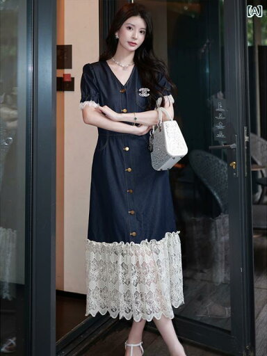レディース ファッション おしゃれ 上品 きれいめ 婦人服 レトロ フレンチレース 継ぎ 合わせ Vネック デニムワンピース 初秋 ハイウエスト シンプル ロング スカート レディース ファッション おしゃれ 上品 きれいめ 婦人服 レトロ フレンチレース 継ぎ 合わせ Vネック デニムワンピース 初秋 ハイウエスト シンプル ロング スカート