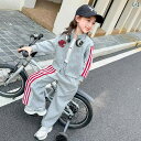 子供服 女の子 セットアップ かわいい おしゃれ 春秋 グレー ジッパー スタンドカラー レース ジャケット ワイドレッグ パンツ スポーツ レジャー