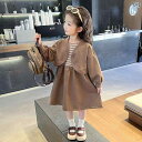 子供服 女の子 セットアップ かわいい おしゃれ 春秋 カーキ ダーク コート 縞模様 長袖 ドレス 韓国