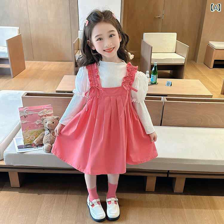 子供服 女の子 セットアップ かわいい おしゃれ 春秋 パフスリーブ 長袖 ハーフ ハイネックインナー アウター ピンク タンクトップス ドレス