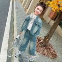 子供服 女の子 セットアップ かわいい おしゃれ 春秋 綿 スタンドカラー シングルブレスト ワークジャケット ワイドレッグ パンツ デニム