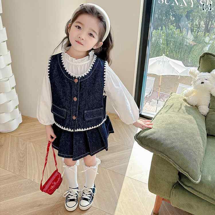 子供服 女の子 セットアップ かわいい おしゃれ 春秋 長袖 デニムベスト レース 襟 プリーツスカート 韓国 3点