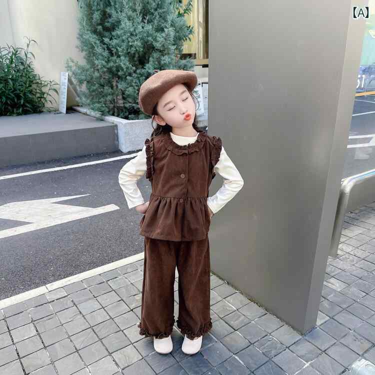 子供服 女の子 セットアップ かわいい おしゃれ 春秋 コーヒー 耳 飾り 長袖 ベスト コーデュロイ ワイド パンツ 韓国 3点