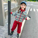 子供服 女の子 セットアップ かわいい おしゃれ 春秋 ニット スタンドカラー ジッパー ストライプ ジャケット 加工 スウェットパンツ