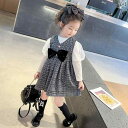 子供服 女の子 セットアップ かわいい おしゃれ 春秋 チェック ブラウン リボン ベスト ドレス カレッジ パフスリーブ