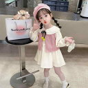 子供服 女の子 セットアップ かわいい おしゃれ 春秋 ピンク ニット ベスト 長袖 ドール カラー ドレス 韓国
