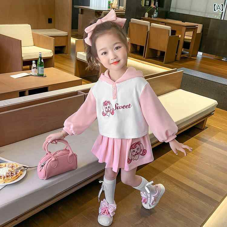 春秋 フード カラー ブロック スウェットシャツ ピンクの プリーツスカート ハーフ スカート 女の