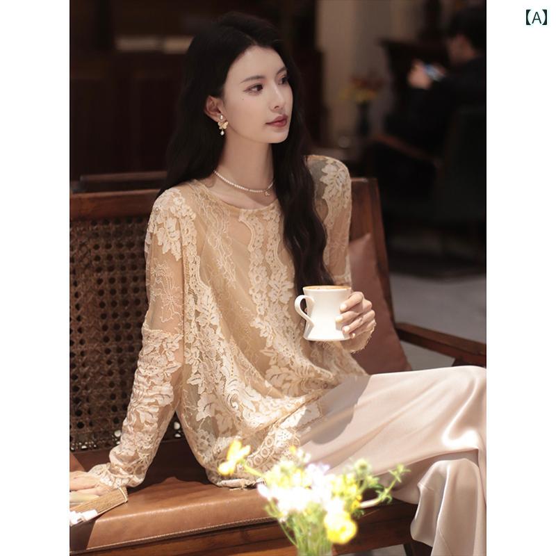 トップス レディース 上品 おしゃれ カジュアル 花 影 レース シャツ シンプル スリム 夏