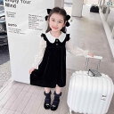 子供服 女の子 セットアップ かわいい おしゃれ 春秋 起毛 黒 アウターベスト ドレス 水玉 人形 襟 長袖 シャツ