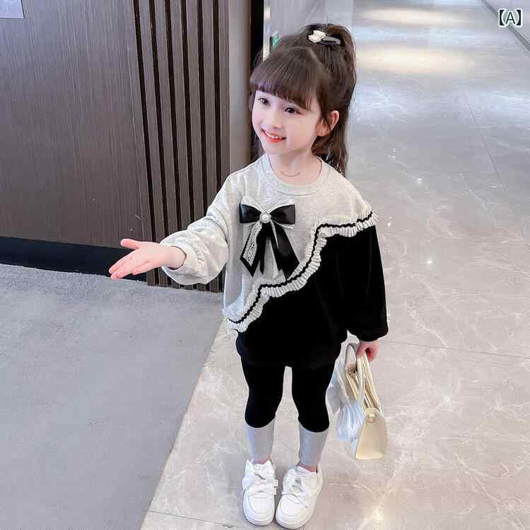 子供服 女の子 セットアップ かわいい おしゃれ 春秋非対称 リボン カラー ブロック ラウンドネック レース スウェットシャツ レギンス
