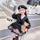子供服 女の子 セットアップ かわいい おしゃれ 春秋 緑 レザージャケット 長袖 ガーゼ スカート ドレス