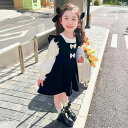 子供服 女の子 セットアップ かわいい おしゃれ 春秋 ラウンドネック ランタン スリーブ 長袖 ドレス 黒 起毛 リボン ドレス