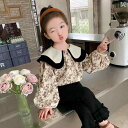 子供服 女の子 セットアップ かわいい おしゃれ 春秋 ドール カラー 花柄 長袖 シャツ 黒 レース カジュアル パンツ おしゃれ