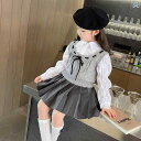 子供服 女の子 セットアップ かわいい おしゃれ 春秋 長袖 シャツ グレー ニット ベスト プリーツスカート プレッピー 3点
