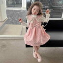 子供服 女の子 セットアップ かわいい おしゃれ 春秋 長袖 インナー ドレス ピンク 二重 襟 リボン ビッグ スカート ドレス