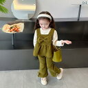 子供服 女の子 セットアップ かわいい おしゃれ 春秋 ラウンドネック 長袖 コーデュロイ リボン ベスト グリーン パンツ 韓国 3点
