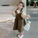 子供服 女の子 セットアップ かわいい おしゃれ 春秋 レース 襟 長袖 ベビー ドール シャツ サスペンダー スカート 韓国