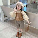 子供服 女の子 セットアップ かわいい おしゃれ 春秋 ブラウンレザー ベスト 英国 長袖 パフスリーブ トップス チェック パンツ 3点