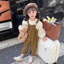 子供服 女の子 セットアップ かわいい おしゃれ 春秋 ラウンドネック 長袖 パフスリーブ ボトム シャツ 水玉 コーデュロイ オーバー オール