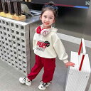 子供服 女の子 セットアップ かわいい おしゃれ 春秋 フード レター スウェットシャツ 赤 オーバー オール パンツ