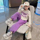 子供服 女の子 セットアップ おしゃれ カジュアル 春秋 長袖 ラウンドネック プリント Tシャツ 紫 オーバー オール パンツ 男の子