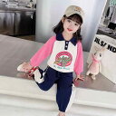 子供服 女の子 セットアップ かわいい おしゃれ 春秋 ネイビーブルー 綿 カラー ブロック ラグランスリーブ ポロ カラー プリントスウェット シャツ スウェ...