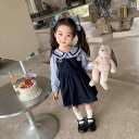 子供服 女の子 セットアップ かわいい おしゃれ 秋 ベビー ドール 襟 長袖 シャツ 紺 ベスト スカート カレッジ っぽい
