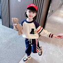 子供服 女の子 セットアップ かわいい おしゃれ 秋 ネイビー レター ラウンドネック カラー ブロック ラグランスリーブ プルオーバー トレーナー スウェット...