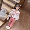 子供服 女の子 セットアップ かわいい おしゃれ 秋 ベビー ドール 襟ピンク 花柄 長袖 シャツ ズボン 韓国