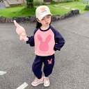子供服 女の子 セットアップ かわいい おしゃれ 秋 ネイビーブルー カラー ブロック ウサギ ラグランスリーブ ラウンドネック トレーナー スウェットパンツ ...
