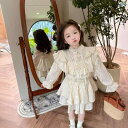 子供服 女の子 セットアップ かわいい おしゃれ 秋 チャイナ風 スタンドカラー アプリコット ボタン 長袖 ベルスリーブ トップ フリル スカート スカート
