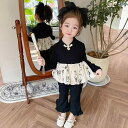 子供服 女の子 セットアップ かわいい おしゃれ スイング チャイナ風 長袖 チャイナ風 スタンドカラー トップ 黒 レース フレアパンツ