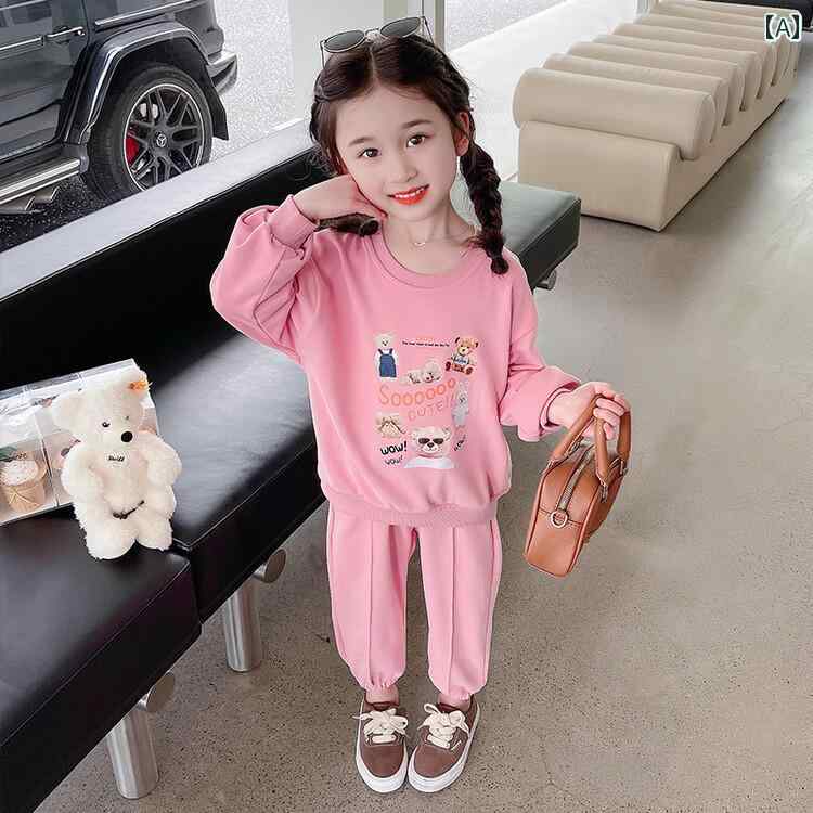 子供服 女の子 セットアップ かわいい おしゃれ 春秋 綿 ピンク ラウンドネック プリントスウェット シ..