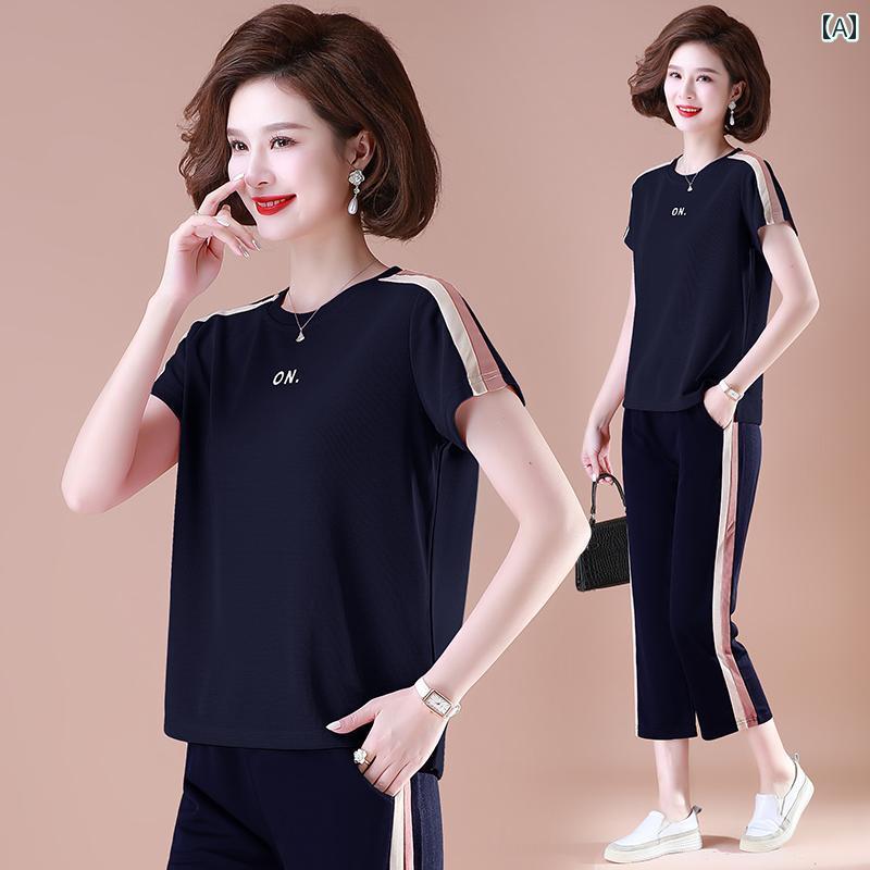 セットアップ レディース 上品 おしゃれ マダム 婦人服 ファッション 夏 半袖 トップス ひんやり 涼しい 快適 Tシャツ 2枚 セット スポーツウェア 夏