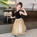 子供服 女の子 セットアップ かわいい おしゃれ 夏 チャイナ風 ノースリーブ 黒 メッシュ スカート ロング スカート