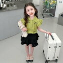 子供服 女の子 セットアップ かわいい おしゃれ 夏 フライング スリーブ アプリコット リボン 半袖 シャツ フリル スカート スカート
