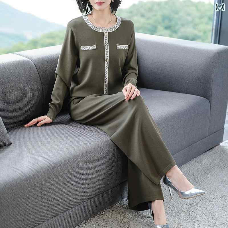 セットアップ レディース 上品 パンツ カジュアル おしゃれ ファッション ズボン 秋服 セット 洋風 春秋 ゆったり ニット ワイドレッグ 2点 セット