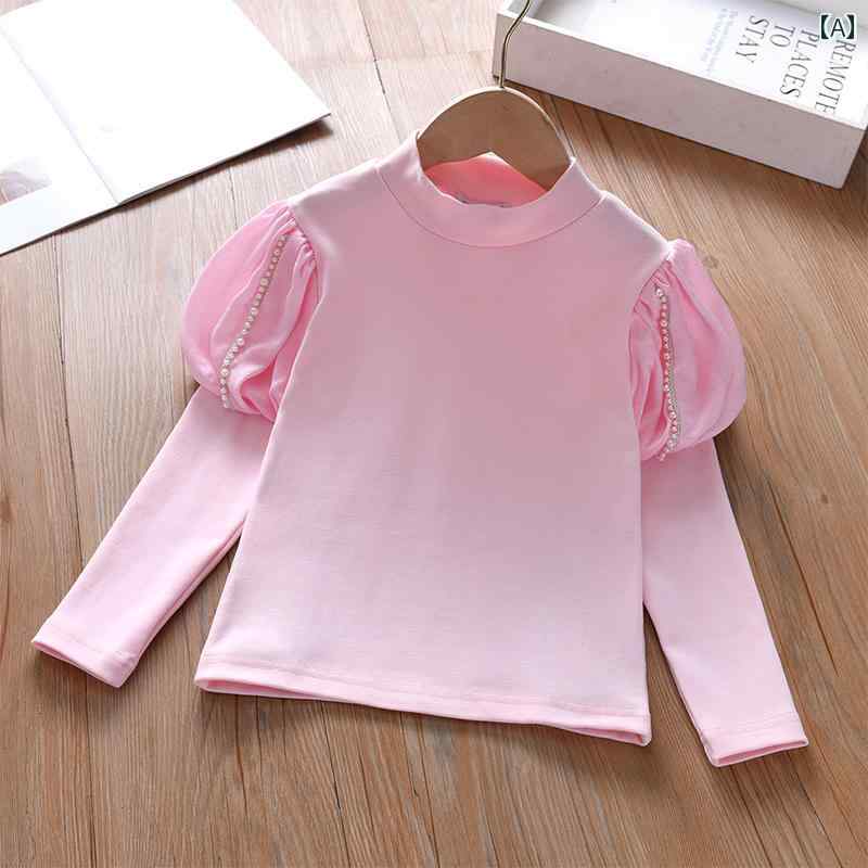 トップス 女の子 かわいい カジュアル キッズ シャツ 春 ハーフ タートルネック パフスリーブ 子供 長袖 Tシャツ 赤ちゃん