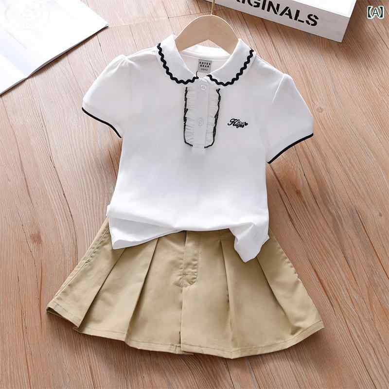 子供服 女の子 セットアップ おしゃれ カジュアル カジュアル レース 襟 半袖 Tシャツ カーキ プリーツ キュロット ショート パンツ