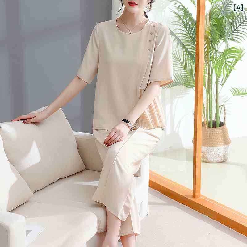 セットアップ レディース 上品 おしゃれ マダム 婦人服 ファッション 夏 シフォン 夏 半袖 シャツ トップス