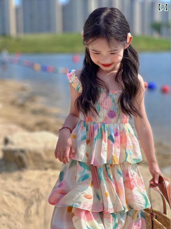 女の子 ドレス 夏新 子供 スカート 薄手 涼しい 涼しい サスペンダー スカート 海辺の ビーチ スカート..