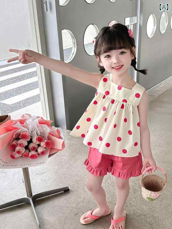 子供服 女の子 セットアップ おしゃれ カジュアル かわいい 夏 ノースリーブ ベスト ショートパンツ 2点 セット かわいい 水玉 サスペンダー カジュアル トレンディ