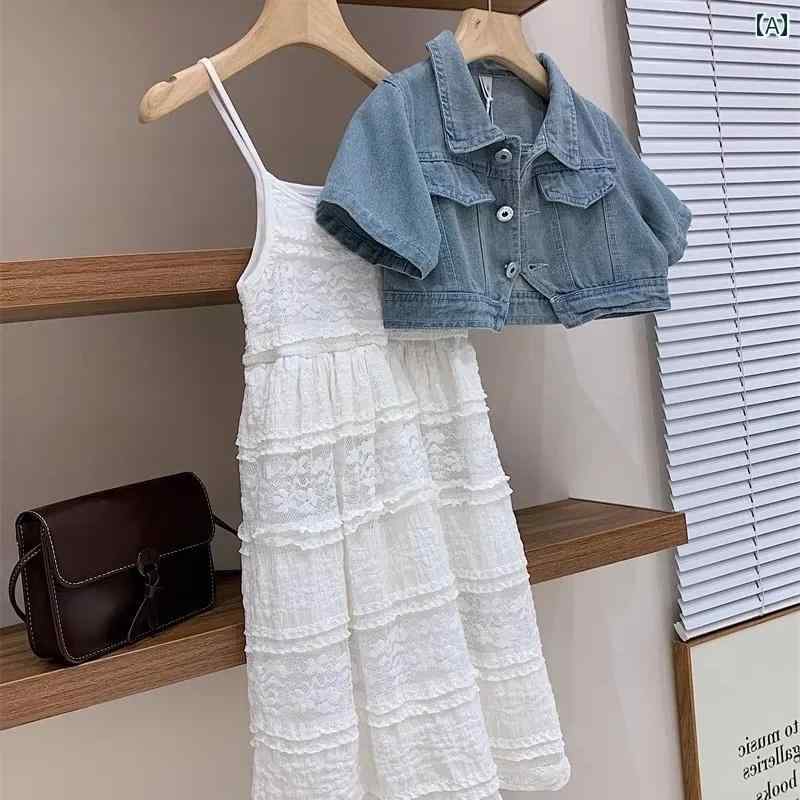 子供服 女の子 セットアップ おしゃれ カジュアル かわいい 夏 パフスリーブ ショート デニムジャケット サスペンダー スカート 2点 セット