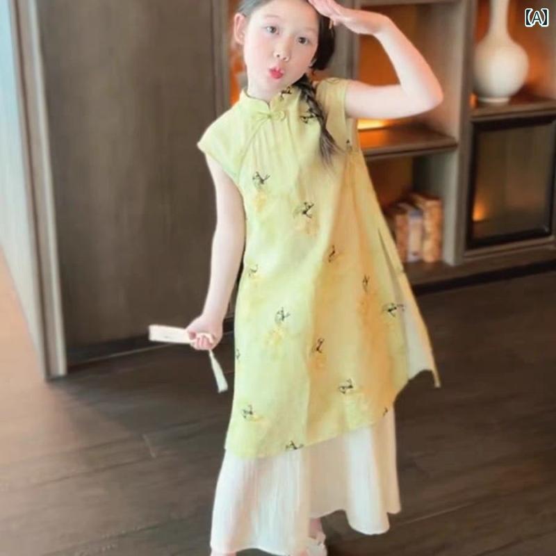 子供服 女の子 セットアップ かわいい おしゃれ チャイナ ドレス スカート 新 チャイナ風 レトロ 夏 中秋 花柄 漢