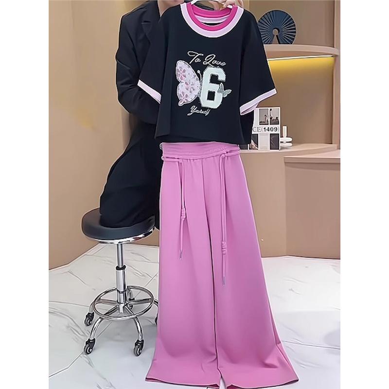 スポーツウェア レディース 女性用 春夏 半袖 ピンク ワイドパンツ ゆったり 立体デザイン セットアップ 上下セット 綿 コットン 伸縮性 高級感 おしゃれ リラックス 普段使い