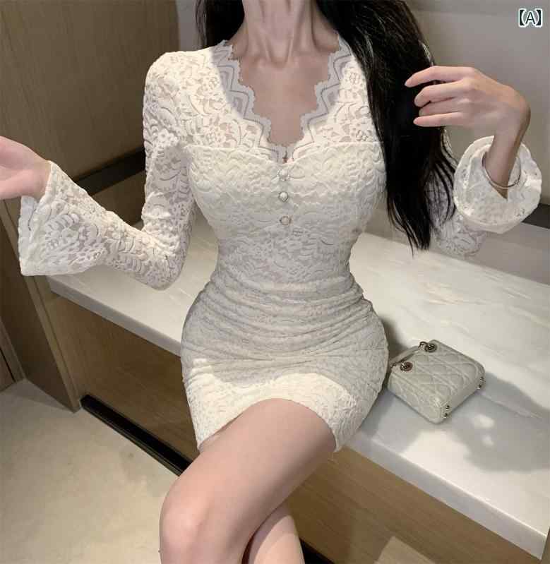 レディース ファッション 優しい 魅惑 レース Vネック 小柄 ヒップ ハグ ショート スカート ベルスリーブ ウエスト スリム ドレス